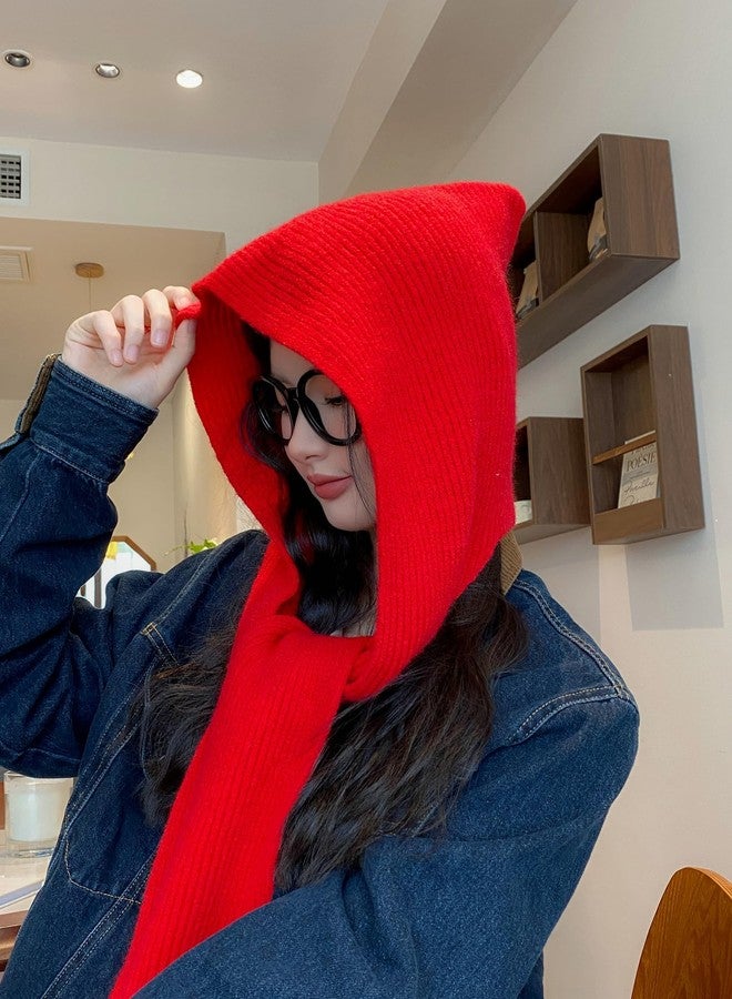 وشاح شتوي نسائي محبوك بغطاء رأس، لون موحد، طويل، قبعة، دافئ، قبعة صوفية، قبعة صغيرة حمراء - Image 4
